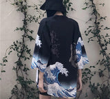 Kimono japonais noir ou blanc imprimé estampe Vague de Kanagawa - Kimono - THE FASHION PARADOX