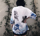 Kimono japonais noir ou blanc imprimé estampe Vague de Kanagawa - Kimono - THE FASHION PARADOX