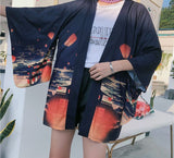 Kimono japonais oversize coupe droite imprimé paysage nocturne - Kimono - THE FASHION PARADOX