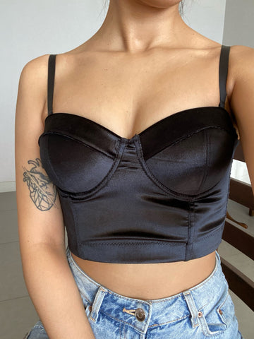 Crop top bustier en satin noir bordeaux vert ou bleu-Top-THE FASHION PARADOX