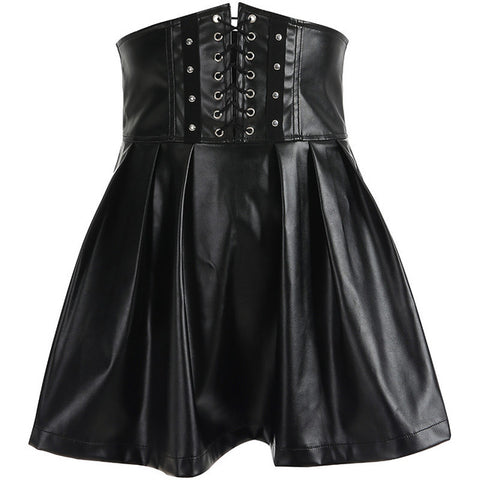 Jupe patineuse noire en simili cuir vegan ceinture serre taille - Jupes - THE FASHION PARADOX