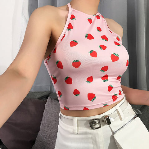 Crop top d'été dos nu rose pastel motif fraises - Top - THE FASHION PARADOX
