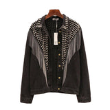 Veste en jeans denim noire ou bleue avec franges et rivets-Vestes et manteaux-THE FASHION PARADOX