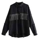 Veste en jeans denim noire ou bleue avec franges et rivets-Vestes et manteaux-THE FASHION PARADOX