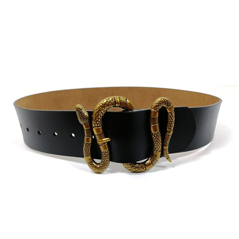 Ceinture en cuir noir large boucle dorée serpent-Ceinture et harnais-THE FASHION PARADOX