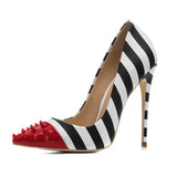 Escarpins rayés 11cm noirs et blancs pointus rouge à piques-Chaussures-THE FASHION PARADOX