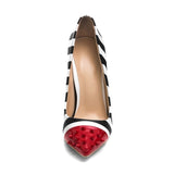 Escarpins rayés 11cm noirs et blancs pointus rouge à piques-Chaussures-THE FASHION PARADOX