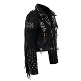 Blouson perfecto noir punk rock à franges imprimé dans le dos-Vestes et manteaux-THE FASHION PARADOX