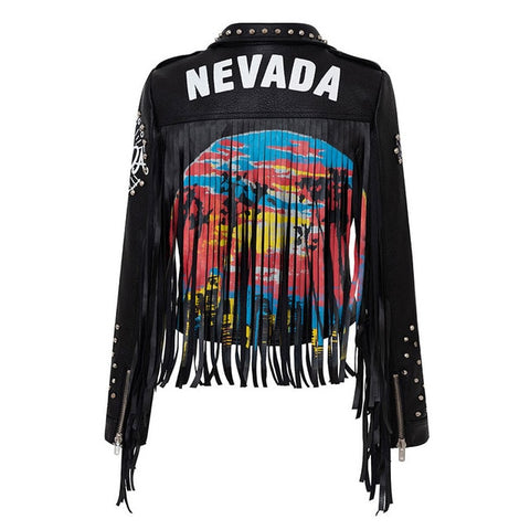Blouson perfecto noir punk rock à franges imprimé dans le dos-Vestes et manteaux-THE FASHION PARADOX
