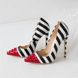 Escarpins rayés 11cm noirs et blancs pointus rouge à piques-Chaussures-THE FASHION PARADOX