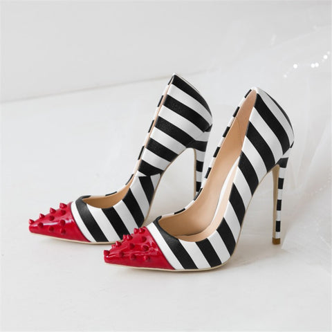 Escarpins rayés 11cm noirs et blancs pointus rouge à piques-Chaussures-THE FASHION PARADOX