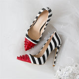 Escarpins rayés 11cm noirs et blancs pointus rouge à piques-Chaussures-THE FASHION PARADOX