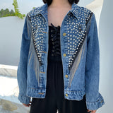 Veste en jeans denim noire ou bleue avec franges et rivets-Vestes et manteaux-THE FASHION PARADOX