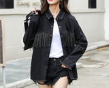 Veste en jeans denim noire ou bleue avec franges et rivets-Vestes et manteaux-THE FASHION PARADOX