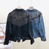 Veste en jeans denim noire ou bleue avec franges et rivets-Vestes et manteaux-THE FASHION PARADOX