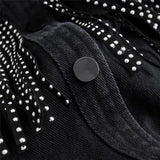Veste en jeans denim noire ou bleue avec franges et rivets-Vestes et manteaux-THE FASHION PARADOX