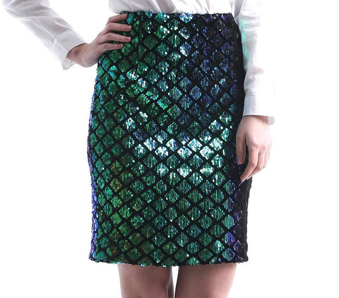 Jupe droite crayon au dessus du genou sequins irisés écailles de sirène holographique - Jupes - THE FASHION PARADOX