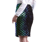 Jupe droite crayon au dessus du genou sequins irisés écailles de sirène holographique - Jupes - THE FASHION PARADOX