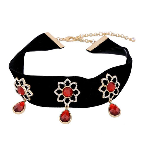 Collier ras du cou large noir, perles rouge et doré vintage witch-BIJOUX-THE FASHION PARADOX