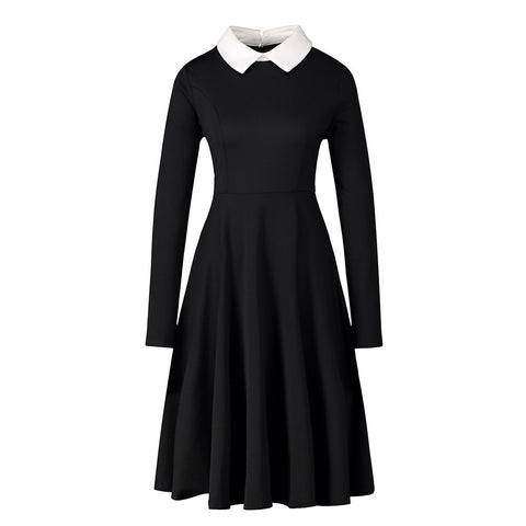 Robe mi-longue noire style witch à col blanc - Robes - THE FASHION PARADOX