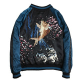 Bombers oversize vert et noir en satin brodé carpe koï, fleurs de cerisier - Vestes et manteaux - THE FASHION PARADOX