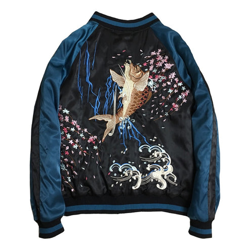 Bombers oversize vert et noir en satin brodé carpe koï, fleurs de cerisier - Vestes et manteaux - THE FASHION PARADOX