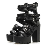 Sandales montantes à talon grunges rock noires à lanières-Chaussures-THE FASHION PARADOX