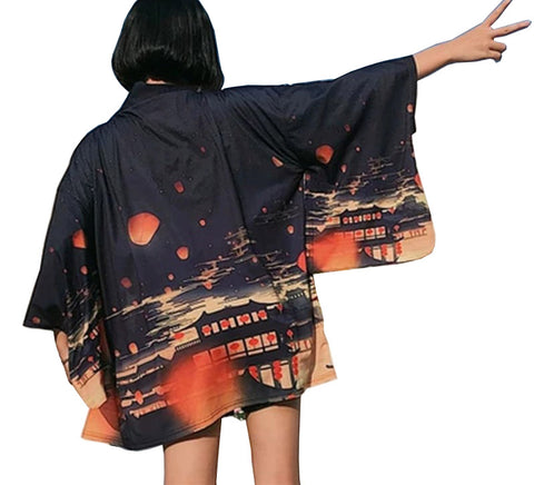 Kimono japonais oversize coupe droite imprimé paysage nocturne - Kimono - THE FASHION PARADOX