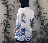 Kimono japonais noir ou blanc imprimé estampe Vague de Kanagawa - Kimono - THE FASHION PARADOX