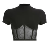 Crop top t-shirt noir rock gothique en maille cotellée et resille-T-Shirts-THE FASHION PARADOX