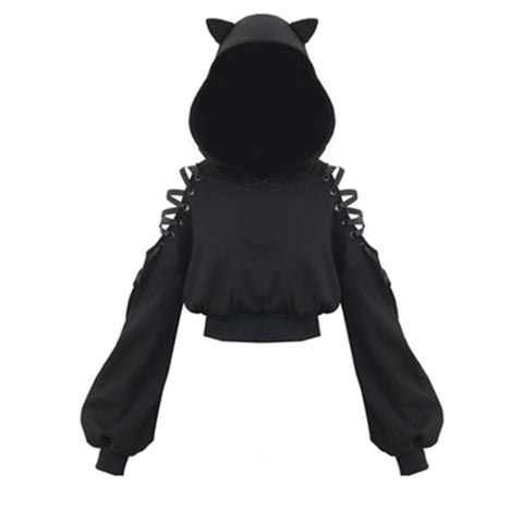 Sweatshirt noir dark cute ouvert aux épaules capuche oreilles de chat - Top - THE FASHION PARADOX