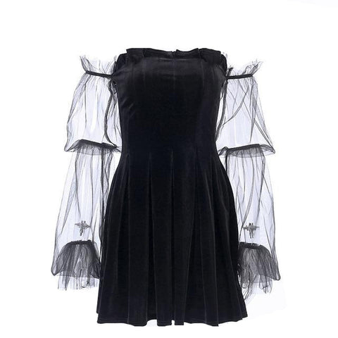 Petite robe bustier noire velours manches bouffantes volants-Robes-THE FASHION PARADOX