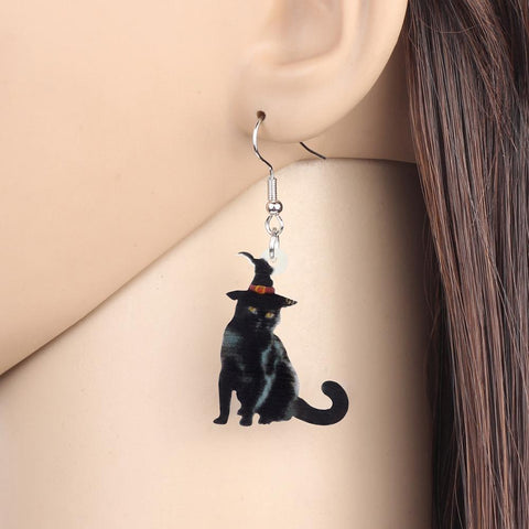 Boucles d'oreilles pendantes chat noir - Bijoux animaux