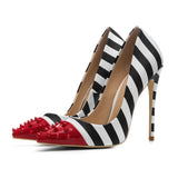 Escarpins rayés 11cm noirs et blancs pointus rouge à piques-Chaussures-THE FASHION PARADOX