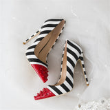 Escarpins rayés 11cm noirs et blancs pointus rouge à piques-Chaussures-THE FASHION PARADOX