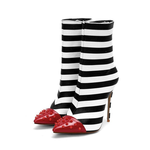 Bottines escarpins rayés 12cm noirs et blancs pointus piques-Chaussures-THE FASHION PARADOX