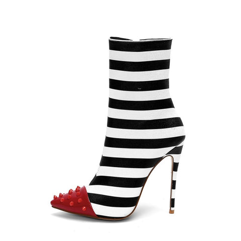 Bottines escarpins rayés 12cm noirs et blancs pointus piques-Chaussures-THE FASHION PARADOX