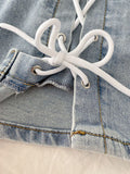 Jupe en jeans denim bleu délavé vintage asymétrique à lacets-Jupes-THE FASHION PARADOX