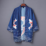 Kimono bleu coupe droite haori japonais imprimé carpe koi-Kimono-THE FASHION PARADOX