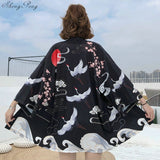 Kimono noir haori japonais droit imprimé grues au soleil levant-Kimono-THE FASHION PARADOX