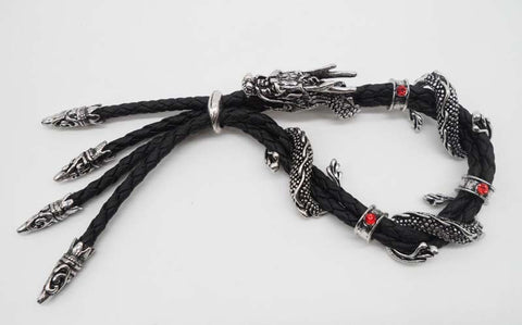 Bracelet tressé en simili-cuir et dragon argenté strass rouges, noires, vertes - BIJOUX - THE FASHION PARADOX