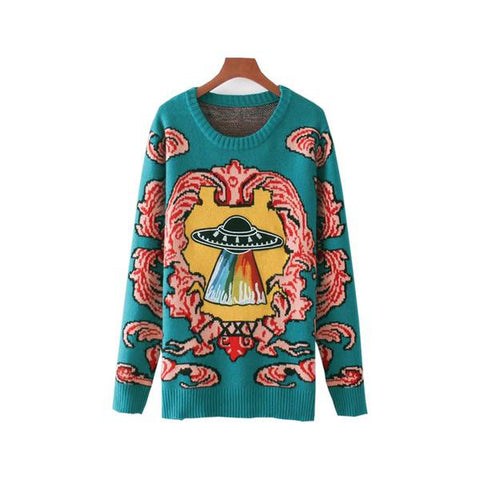 Pull vintage en tricot coloré au motif alien - Top - THE FASHION PARADOX