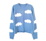 Pull over maille tricoté bleu ciel motif nuages soft girl-Top-THE FASHION PARADOX